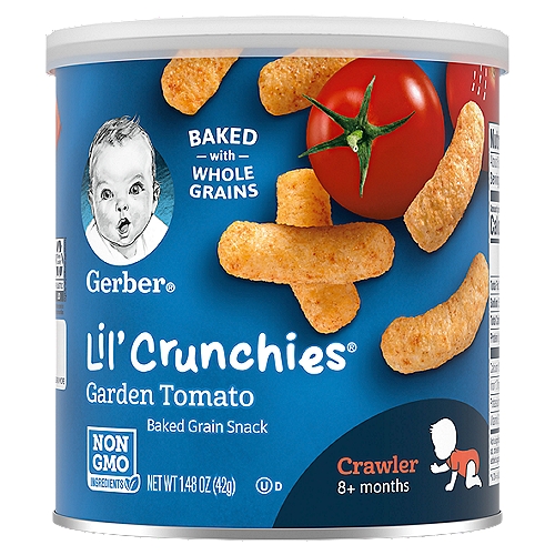Gerber Lil' Crunchies Garden Tomato Baked Corn Snacks, 1.48 Oz
Make every little bite count with a snack designed just for your older baby with Gerber Lil Crunchies Garden Tomato Baked Corn Snacks. These Gerber baby snacks come in a delicious garden tomato flavor to introduce your little one to new tastes. Each serving of non-GMO baked snacks is made with 2 grams of whole grains and 20% daily value of vitamin E. They never contain any artificial flavors or artificial colors. These Gerber snacks have a meltable texture that dissolves easily and is easy to chew and swallow. Perfect as finger food for crawlers, these baby food snacks are sized just right for older babies learning to pick things up. Feed these snacks to seated, supervised babies who are used to chewing solid foods. The health and safety of your little one has been and will always be Gerber's highest priority. We're a leader in infant nutrition, not just because we grow food that will feed your little one, but also because we know what nourishment your little one needs.

Baked Grain Snack

Specially Designed for your little one
• Mels quickly
• Perfectly sized for learning to pick up
• Yummy taste babies love

The good stuff.
2g of whole grains per serving
No artificial flavors
No synthetic colors

Your baby may be ready for Lil' Crunchies® snacks if they:
• Crawl with stomach off the floor
• Begin to self-feed with fingers
• Begin to use jaw to mash food