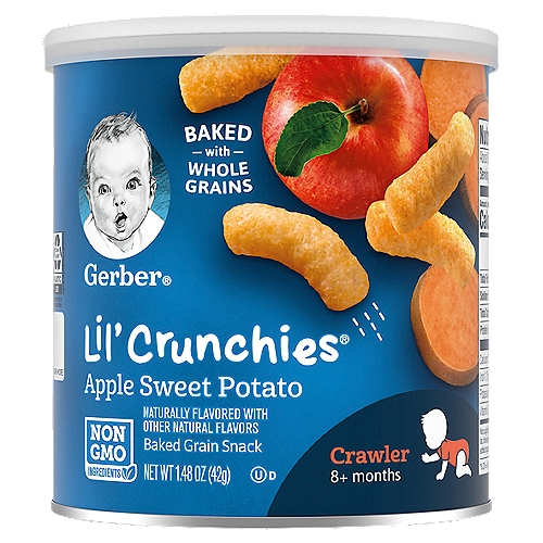 Gerber Lil' Crunchies Apple Sweet Potato Baked Corn Snacks, 1.48 Oz
Make every little bite count with baked snacks designed just for your older baby with Gerber Lil Crunchies Apple Sweet Potato Baked Corn Snacks. These Gerber baby snacks come in a delicious apple sweet potato flavor to introduce your little one to new taste combinations. Each serving of non-GMO sweet potato puffs is made with 5 grams of whole grains and 20% daily value of vitamin E. They're made without artificial flavors and artificial colors. These Gerber snacks have a meltable texture that dissolves easily and is easy to chew and swallow. Perfect as finger food for crawlers, these baby food snacks are sized for older babies learning to pick things up. The health and safety of your little one has been and will always be Gerber's highest priority. We're a leader in infant nutrition, not just because we grow food that will feed your little one, but also because we know what nourishment your little one needs.

Specially Designed for your little one
• Melts quickly
• Perfectly sized for learning to pick up
• Yummy taste babies love

The good stuff.
2g of whole grains per serving
No artificial flavors
No synthetic colors

Your baby may be ready for Lil' Crunchies® snacks if they:
• Crawl with stomach off the floor
• Begin to self-feed with fingers
• Begin to use jaw to mash food