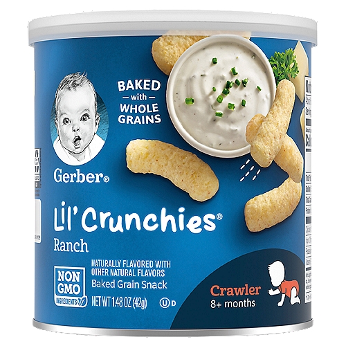 Make every little bite count at snack time with baked snacks designed just for your older baby with Gerber Lil Crunchies Ranch Baked Corn Snacks. These Gerber baby snacks come in a delicious ranch flavor to introduce your little one to new tastes. Each serving of non-GMO baked ranch snacks is made with 2 grams of whole grains, and they're made without artificial flavors or artificial colors. These Gerber snacks have a meltable texture that dissolves easily and is easy to chew and swallow. Perfect as finger food for crawlers, these baby food snacks are sized for older babies learning to pick things up. Feed these snacks to seated, supervised babies who are used to chewing solid foods. The health and safety of your little one has been and will always be Gerber's highest priority. We're a leader in infant nutrition, not just because we grow food that will feed your little one, but also because we know what nourishment your little one needs.nnBaked Grain SnacknnSpecially Designed for your little onen• Melts quicklyn• Perfectly sized for learning to pick upn• Yummy taste babies lovennThe good stuff.n2g of whole grains per servingnNo artificial flavorsnNo synthetic colorsnnYour baby may be ready for Lil' Crunchies® snacks if they:n• Crawl with stomach off the floorn• Begin to self-feed with fingersn• Begin to use jaw to mash food