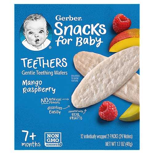 Gerber Mango Raspberry Teethers Baby Snacks, 1.07 Oz
Gerber Mango Raspberry Teething Wafers are baked snacks that soothe babies' gums while teething. Made with non GMO ingredients, these tasty Gerber teether biscuits are made with real fruits and juice and they have no artificial flavors. This baby snack is sized just right for little hands, and it dissolves easily, making it perfect for babies who have transitioned to solid foods. Serve this baby teether wafer to babies 7 months and older when they are seated and supervised. Each box contains 12 individually wrapped packs of two baby teething baby snacks, for a total of 24. The health and safety of your little one has been and will always be Gerber's highest priority. We're a leader in infant nutrition, not just because we grow food that will feed your little one, but also because we know what nourishment your little one needs.

Gentle Teething Wafers

Soothes Teething Gums
Is your little one a first explorer? Ready to begin self-feeding? Gerber® Teethers are fast-dissolving wafers that are perfectly shaped for baby's own grasp and are gentle on teething gums.

Your baby may be ready for Teethers if they:
• Begin to show interest in crawling
• Begin to self-feed with fingers
• Mash food with up and down jaw motion
• Have been exposed to foods other than breastmilk or formula