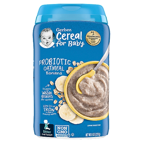 Make every bite count to support your baby's growing body with Gerber 2nd Foods Probiotic Oatmeal Banana Baby Cereal. Following Clean Field Farming Practices, this Gerber baby food keeps grains safe and wholesome from farm to kitchen. Made with real fruit, this Gerber oatmeal cereal offers a banana flavor to appeal to your little one's taste buds. Non-GMO Gerber banana oatmeal contains probiotics to help promote digestive health when eaten daily plus 11 grams of whole grains per serving. Iron helps to support learning ability with 3 servings of Gerber baby cereal, providing 100% of your baby's daily iron. This probiotic banana cereal has an ideal texture for supported sitters. The health and safety of your little one has been and will always be Gerber's highest priority. We're a leader in infant nutrition, not just because we grow food that will feed your little one, but also because we know what nourishment your little one needs.nnStart smart with little bites and big nutritionnProbiotics help promote digestive health when eaten daily.nIron for growing brainsnJust two servings meet baby's daily iron needs to support brain development and learning ability. That's so smart!nnYour baby may be ready for this cereal if they:n• sit independentlyn• pick up and hold small objects in handsn• reach for food or spoon when hungryn• use upper lip to help clear food off of spoon
