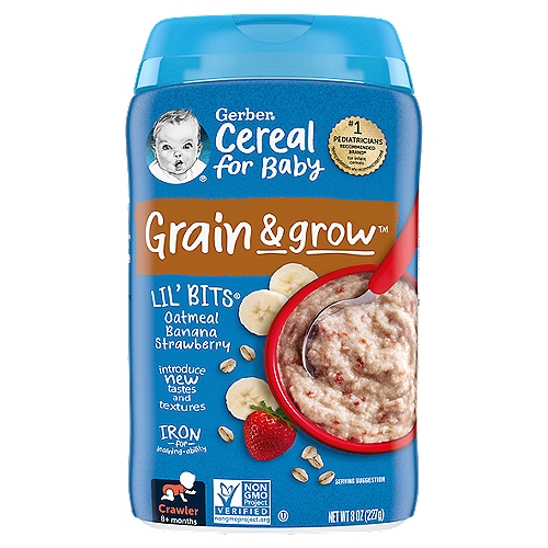 Introduce your older baby to new tastes and textures while providing essential nutrition with Gerber Lil Bits Banana Strawberry Baby Oatmeal. Made with real fruit, this Gerber oatmeal delights your little one with a classic strawberry banana flavor combination. Iron in this Gerber baby food helps support brain development, and just two servings of this Gerber baby cereal meet 90% of your baby's daily iron needs. This whole grain cereal also contains calcium to help build healthy bones and teeth and vitamin C, vitamin E, zinc and six B vitamins for healthy growth. It's non-GMO and contains no artificial colors or flavors. The health and safety of your little one has been and will always be Gerber's highest priority. We're a leader in infant nutrition, not just because we grow food that will feed your little one, but also because we know what nourishment your little one needs.nnGrain & grow™ brings the goodness of whole grains and tailored nutritionnnGerber® combines high quality whole grain goodness with 12 essential nutrients.nnYour baby may be ready for this cereal if they:n• crawl with stomachn• may pull self up to standn• begin to self-feed with fingersn• bein to use jaw to mash food