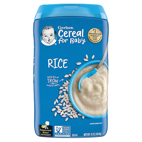 Gerber 1st Foods Rice Baby Food, Supported Sitter, 16 oz
Gerber® Cereals are made with 11 essential nutrients to help your little one grow and thrive.

Iron for growing brains
Just two servings of Gerber® Infant Cereal meets your little one's daily iron needs to help support brain development and learning ability.
That's so smart!

Your baby may be ready for this cereal if they:
• sit with support
• on tummy, push up arms with straight elbows
• lean towards spoon with an open mouth