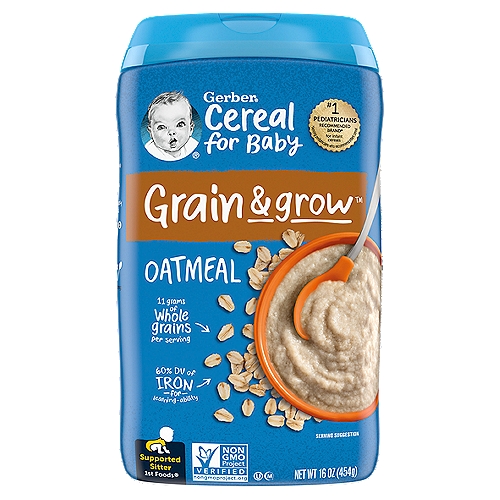 Gerber 1st Foods Grain & Grow Oatmeal Baby Food, Supported Sitter, 16 oz
Grain & grow™ brings the goodness of whole grains and tailored nutrition

Iron to support brain development & learning ability.
11 grams of whole grains per serving
Gerber® combines high quality whole grain goodness with 12 essential nutrients.

Your baby may be ready for cereal if they:
• sit with help or support
• on tummy, push up on arms with straight elbows
• lean toward the spoon with an open mouth and curiosity