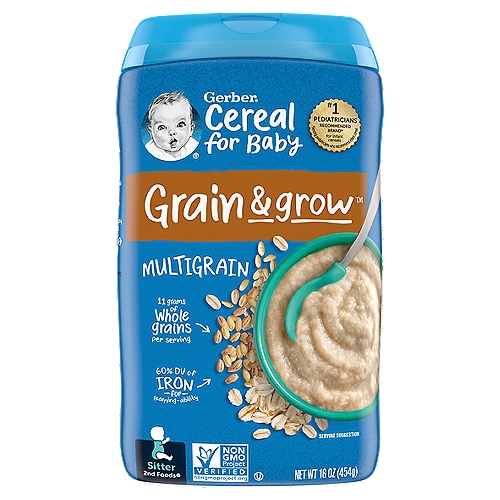 Gerber 2nd Foods Grain & Grow Multigrain Baby Food, Sitter, 16 oz
Grain & grow™ brings the goodness of whole grains and tailored nutrition
Iron to support brain development & learning ability.
11 grams of whole grains per serving

Gerber® combines high quality whole grain goodness with 12 essential nutrients.

Your baby may be ready for this cereal if they:
• sit independently
• pick up and hold small objects in hands
• reach for food or spoon when hungry
• use upper lip to help clear food off of spoon