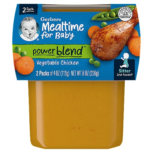 Gerber 2nd Foods Powerblend Vegetable Chicken Baby Food, Sitter, 4 oz, 8 oz
Each Tub has:
☑ 1 tbsp cooked rice
☑ 1 1/2 tsp chicken
☑ 5 grams of whole grains
☑ 20% DV of potassium
☑ 25% DV of vitamin A
☑ 110mg Omega-3 fatty acids from canola oil
☑ 1/4 cup vegetables