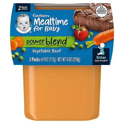 Gerber 2nd Foods Mealtime for Baby Powerblend Vegetable Beef Baby Food, Sitter, 4 oz, 2 count
A nourishing blend of veggies, grains and beef to support baby's varied diet

Each Tub has:
Unsweetened, No added colors or flavors
✓ 2 tbsp cooked rice
✓ 1 3/4 tsp beef
✓ 6 grams of whole grains
✓ 20% DV of potassium
✓ 40% DV of vitamin A
✓ 10% DV of zinc
✓ 1/4 cup vegetables