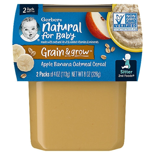 Gerber 2nd Foods Apple Banana with Oatmeal Baby Food makes feeding time easy and continues your baby's love of fruit. This non-GMO Gerber baby food stage 2 recipe includes 1/3 apple, a hint of banana and 3 tablespoons cooked oats for a tantalizing combination that has no artificial colors or flavors. Help meet your baby's nutritional needs with this Gerber banana baby oatmeal, which contains iron for healthy brain development, calcium for strong bones and teeth, antioxidant vitamins C and E, and zinc plus six B vitamins for healthy growth. This baby puree provides 45% daily value of vitamin C per tub. Gerber 2nd Foods helps expose babies to a variety of tastes and ingredient combinations, which is essential to help them accept new flavors. Tuck these convenient BPA-free Gerber fruit tubs into a diaper bag so you can easily feed your sitter on the go. You can feed your little one straight from the container, or add some to a bowl and refrigerate the leftovers for up to two days.