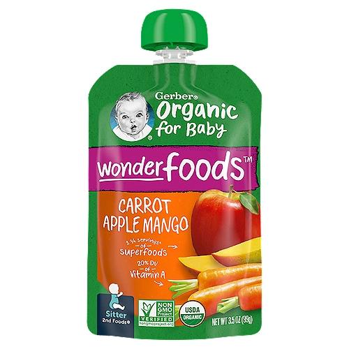 Gerber 2nd Foods Organic Carrot Apple Mango Baby Food, 3.5 oz Pouch
Gerber 2nd Foods Organic Carrot Apple Mango Baby Food is a delicious veggie and fruit puree that makes feeding time a treat. Organic fruits and vegetables in these Gerber pouches are grown using Clean Field Farming practices to ensure it's nutritious, wholesome and safe for every tiny tummy. This USDA Certified Organic and non-GMO baby food stage 2 recipe include 2/3 carrot, 1/5 apple and 2 tablespoons mango for a tantalizing combination. Unsweetened, unsalted Gerber organic baby food has no artificial colors, flavors or added starch. Gerber 2nd Foods help expose babies to a variety of tastes and ingredient combinations, which is essential to help them accept new flavors. The health and safety of your little one has been and will always be Gerber's highest priority. We're a leader in infant nutrition, not just because we grow food that will feed your little one, but also because we know what nourishment your little one needs.

1 1/4 servings* of superfoods
Big nutrition to help make every bite count. 1 1/4 servings of nutrient-dense superfoods* per pouch. Never any added sweeteners, flavors or colors.
*1 1/4 servings superfoods fruit/veggie (carrot, mango). 1 fruit/veggie serving is 3 tbsp for babies.

Wonderfoods™ awaken baby's love for nutritious foods