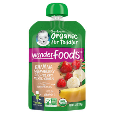 Gerber Organic Banana Strawberry Raspberry Mixed Grain Toddler Food, 3.5 oz Pouch, 3.5 Ounce