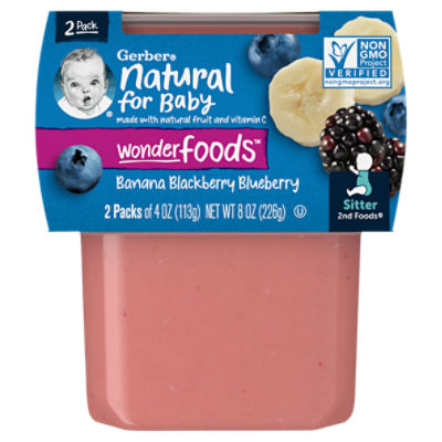 Gerber 2nd Foods Natural for Baby Banana Blackberry Blueberry Baby Food, Sitter, 4 oz, 2 count