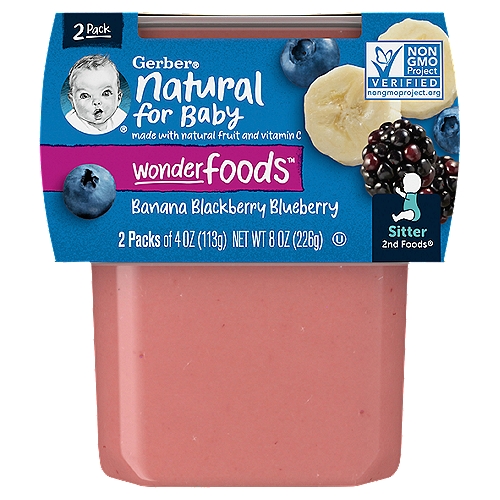 Gerber 2nd Foods Natural for Baby Banana Blackberry Blueberry Baby Food, Sitter, 4 oz, 2 count
Natural for Baby Banana Blackberry Blueberry Baby Food Sitter

Wonderfoods™ awaken baby's love for nutritious foods

2 ¹/₂ Servings* of superfoods
*2 ¹/₂ Servings superfoods (banana, blackberry, blueberry). 1 fruit serving is 3 tbsp for babies.

Big nutrition for tiny tummies to help make every bite count for your little one.
6 ¹/₂ Blueberries, 1 Blackberry, ⁷/₈ Banana in each tub