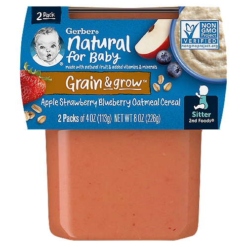 Gerber 2nd Foods Apple Strawberry Blueberry With Mixed Cereal Baby Food is a delicious fruit puree that makes feeding time easy and continues your baby's love of fruits. This non-GMO Gerber baby food stage 2 recipe includes 1/3 apple, 3/4 strawberry, 5 blueberries and 1-3/4 tablespoons cooked mixed grains for a tantalizing combination. Help meet your baby's nutritional needs with this Gerber cereal and apple puree, which gives your child iron for healthy brain development, calcium for strong teeth and bones, antioxidant vitamins C and E, and six B vitamins and zinc for healthy growth. Gerber 2nd Foods helps expose babies to a variety of tastes and ingredient combinations, which is essential to help them accept new flavors. Tuck these convenient BPA-free baby food packs into a diaper bag so you can easily feed your sitter on the go. You can feed your little one straight from the container, or add some to a bowl and refrigerate the leftovers for up to two days.