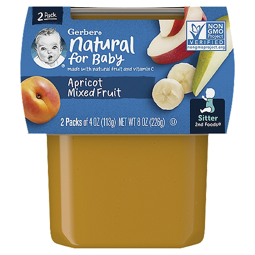 Gerber 2nd Food Natural for Baby Apricot Mixed Fruit Baby Food, Sitter, 4 oz, 2 count
1 Apricot
1/6 Apple
1/4 Banana in each tub
