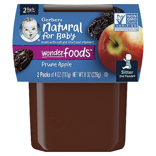 Gerber 2nd Foods Prune Apple Baby Food, Sitter, 4 oz, 2 count
Wonderfoods™ awaken baby's love for nutritious foods

1 serving* of nutrient-dense superfoods
*1 serving of superfoods fruit (prune). 1 fruit serving is 3 tbsp for babies.

Big nutrition for tiny tummies to help make every bite count for your little one.
2 1/5 prunes, 1/3 apple in each tub