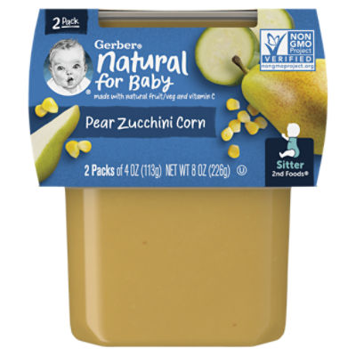 Gerber 2nd Foods Natural for Baby Pear Zucchini Corn Baby Food, Sitter, 4 oz, 2 count