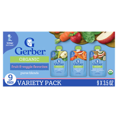Gerber 2nd Foods Organic Fruit & Veggie Favorites Baby Food Variety Pack, Sitter, 3.5 oz, 9 count