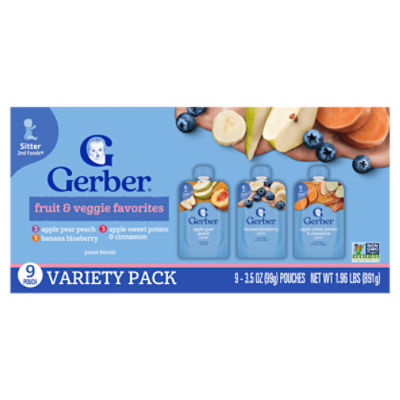 Gerber Fruit & Veggie Puree Blends Variety Pack, Toddler, 12+ Months, 3.5 oz, 9 count