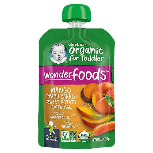 Gerber Mango Peach Carrot Sweet Potato Oatmeal Baby Food, Toddler, 12+ months, 3.5 oz
Gerber Organic for Toddler Mango Peach Carrot Sweet Potato Oatmeal Baby Food, Toddler, 12+ months, 3.5 oz

1 serving* of superfoods

Wonderfoods™ awaken toddler's love for nutritious foods

Big nutrition to help make every bite count. 1 serving of nutrient-dense superfoods* per pouch. Never any added sweeteners, flavors or colors.
1/2 tbsp sweet potato
1/2 tbsp oats
1 1/ tbsp peach
1/4 carrot
3 tbsp mango in each pouch
*3/4 serving superfoods fruit/veggie & 1/4 serving superfood grains (mango, carrot, sweet potato, whole grain oats).
1 fruit/veggie serving is 1/4 cup for toddlers; 1 serving of grains is 16g.