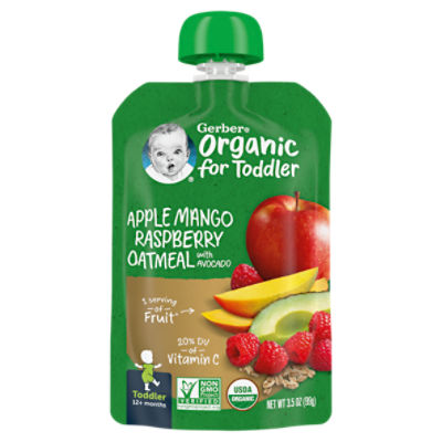 Gerber Organic Apple Mango Raspberry Oatmeal with Avocado Baby Food, Toddler 12+ Months, 3.5 oz