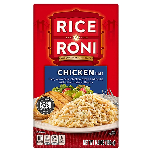 Rice A Roni Chicken Flavor Rice, 6.9 oz
A family classic! Rice-A-Roni® Chicken flavor blends rice and vermicelli with chicken broth, onions, parsley, garlic and other natural flavors to create a delicious side dish that will delight your whole family. It's a great complement to your favorite chicken recipes.
