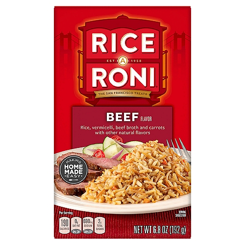 Rice Roni Beef Flavor Rice, 6.8 oz
Rice, Vermicelli, Beef Broth and Carrots with Other Natural Flavors