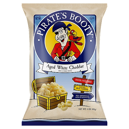 Pirate's Booty Aged White Cheddar Baked Rice and Corn Puffs, 4 oz
Thar Be Good
Shiver Me Timbers!

Ahoy matey! Drop anchor and discover our crunchy treasure, Pirate's Booty®. These tasty puffs are baked to perfection with real, simple ingredients.
Pirate's Booty Aged White Cheddar is a great-tasting snack made from rice and corn blended with real aged white cheddar cheese.