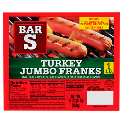 Bar-S Turkey Jumbo Franks, 8 count, 16 oz, 16 Ounce