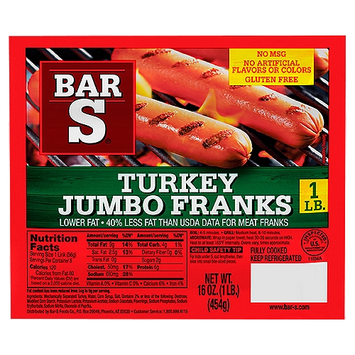 Bar-S Turkey Jumbo Franks, 8 count, 16 oz