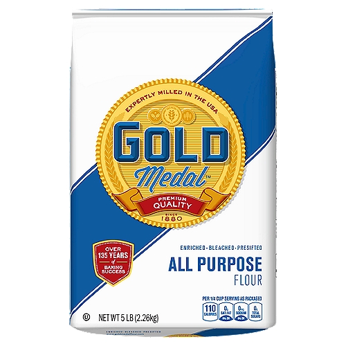 Gold Medal All Purpose Flour, 5 lb
Your Kitchen Rules
When to use it
All purpose means just that-our most versatile flour for any recipe that simply calls for ''flour.'' Strong enough to take high-rising yeast breads to new heights. And mellow enough to make your family's favorite pie crust recipe to flaky perfection (even without sifting). Gold Medal™ All Purpose is made of the stuff you can trust. A blend of pure white hard and soft wheat so every bite looks and tastes its absolute best.