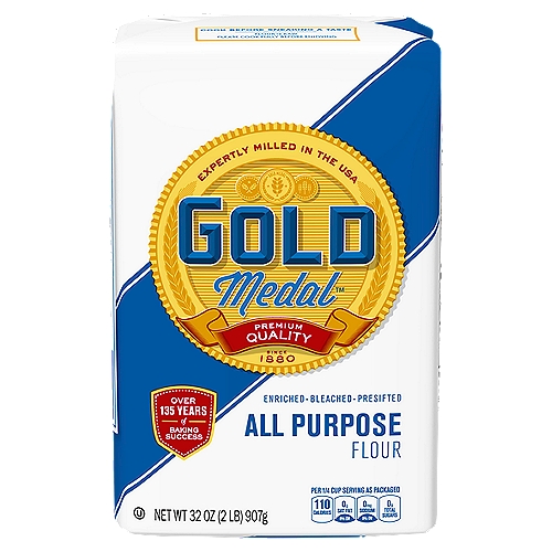 Gold Medal All Purpose Flour, 32 oz
Your Kitchen Rules
When to use it
All purpose means just that - our most versatile flour for any recipe that simply calls for ''flour.'' Strong enough to take high-rising yeast breads to new heights. And mellow enough to make your family's favorite pie crust recipe to flaky perfection (even without sifting). Gold Medal™ All Purpose is made of the stuff you can trust. A blend of pure white hard and soft wheat so every bite looks and tastes its absolute best.