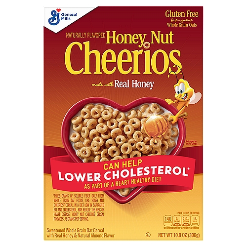Sweetened Whole Grain Oat Cereal with Real Honey & Natural Almond FlavornnCan Help Lower Cholesterol* As Part of a Heart Healthy Dietn*Three Grams of Soluble Fiber Daily from Whole Grain Oat Foods, Like Honey Nut Cheerios™ Cereal, in A Diet Low in Saturated Fat and Cholesterol, May Reduce the Risk of Heart Disease. Honey Nut Cheerios Cereal Provides .75 Grams per Serving.nnA buzz-worthy choice!nReal honey, a-maze-ing taste!nThanks to buzz and his real honey goodness, you can get this day started right with deliciousness and nutritiousness. Now that's a good morning. Give yourself a high-five! Or maybe just another bowl.