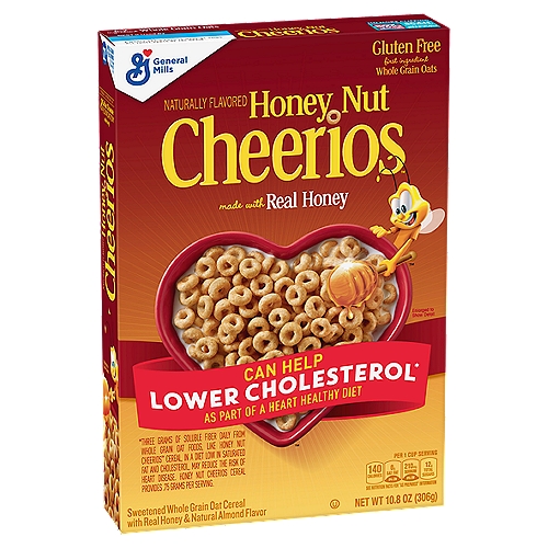 General Mills Cheerios Honey Nut Cereal, 10.8 oz
Sweetened Whole Grain Oat Cereal with Real Honey & Natural Almond Flavor

Can Help Lower Cholesterol* As Part of a Heart Healthy Diet
*Three Gram of Soluble Fiber Daily from Whole Grain Oat Foods, Like Honey Nut Cheerios™ Cereal, in A Diet Low in Saturated Fat and Cholesterol, May Reduce the Risk of Heart Disease. Honey Nut Cheerios Cereal Provides .75 Gram per Serving.

A buzz-worthy choice!
Real honey, a-maze-ing taste!
Thanks to buzz and his real honey goodness, you can get this day started right with deliciousness and nutritiousness. Now that's a good morning. Give yourself a high-five! Or maybe just another bowl.