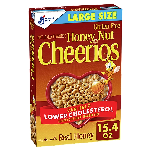General Mills Cheerios Honey Nut Cereal Large Size, 15.4 oz
Sweetened Whole Grain Oat Cereal with Real Honey & Natural Almond Flavor

Can Help Lower Cholesterol* as Part of a Heart Healthy Diet
*Three Gram of Soluble Fiber Daily from Whole Grain Oat Foods, Like Honey Nut Cheerios™ Cereal, in a Diet Low in Saturated Fat and Cholesterol, May Reduce the Risk of Heart Disease. Honey Nut Cheerios Cereal Provides .75 Gram per Serving.

A Buzz-worthy Choice!
Real honey, a-maze-ing taste!
Thanks to buzz and his real honey goodness, you can get this day started right with deliciousness and nutritiousness. Now that's a good morning. Give yourself a high-five! or maybe just another bowl.