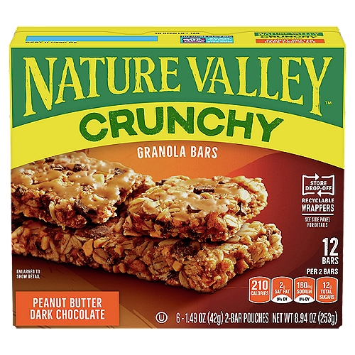 Nature Valley Crunchy Peanut Butter Dark Chocolate Granola Bars, 1.49 oz, 6 count
15g of whole grain*
*15g of whole grain per serving. At least 48g of whole grain recommended daily.