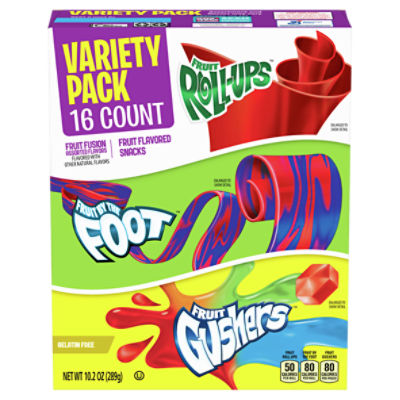 Fruit RollUps, Fruit by the Foot, Fruit Gushers Fruit Fusion Snacks Variety Pack, 16 count, 10.
