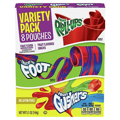 Fruit Roll-Ups, Fruit by the Foot, Fruit Gushers Fruit Flavored Snacks Variety Pack, 8 count, 5.1 oz