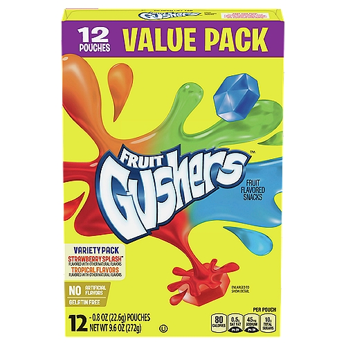 Gushers Strawberry Splash and Tropical Flavored 12 Count. Good Source of Vitamin C. Gluten Free. Kosher. No Artificial Flavors. Box Tops for Education.