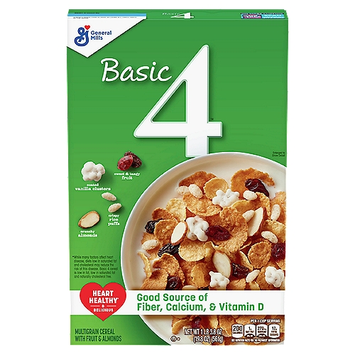 General Mills Basic 4 Multigrain Cereal with Fruit & Almonds, 1 lb 3.8 oz
Heart Healthy* & Delicious
*While many factors affect heart disease, diets low in saturated fat and cholesterol may reduce the risk of this disease. Basic 4 cereal is low in fat, low in saturated fat and naturally cholesterol free.

It's Basically Delicious
Our delicious combination of hearty flakes and 4 simple components helps you start your day off strong.
Sweet & tangy fruit
Coated vanilla clusters
Crispy multigrain flakes
Crispy rice puffs
Crunchy almonds

A Whole Grain Food is Made by Using All Three Parts of the Grain.
