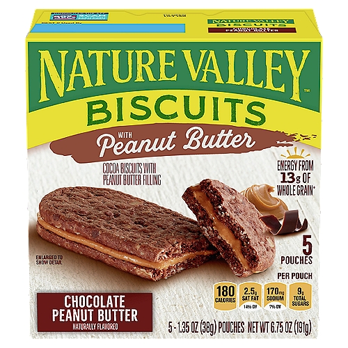 Nature Valley Chocolate Peanut Butter Biscuits, 1.35 oz, 5 count
Cocoa Biscuits with Peanut Butter Filling

Energy from 13g of Whole Grain*
*13g of whole grain per serving. At least 48g recommended daily.

When we get outside, something amazing happens. You can feel it. It can make us feel more energized, help manage stress, and strengthen our families. We think the world could use a little more of that.
We are Better Outside