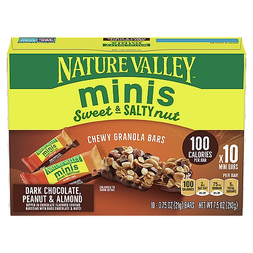 Nature Valley Minis Dark Chocolate, Peanut & Almond Chewy Granola Bars, 0.75 oz, 10 count
Minis Sweet & Salty Nut Dark Chocolate, Peanut & Almond Chewy Granola Bars

Dipped in Chocolate Flavored Coating Bursting with Dark Chocolate & Nuts!