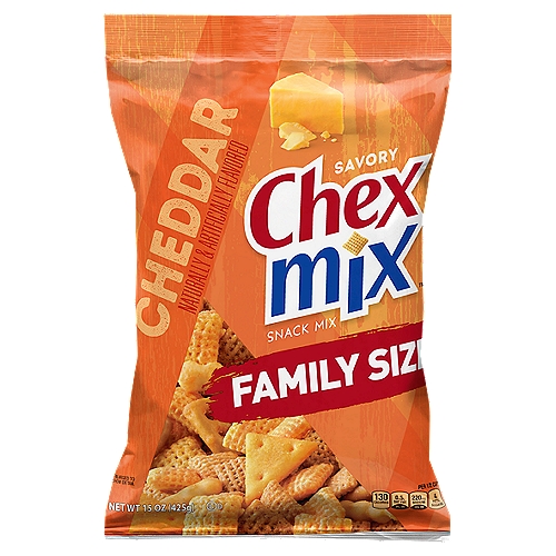 Chex Mix Savory Cheddar Snack Mix Family Size, 15 oz
60% LessFfat than Regular Potato Chips*
*Chex Mix™ Cheddar (4g Fat per 30g Serving) has 60% Less Fat than Regular Potato Chips (10g Fat per 30g Serving)

Just the Right Mix!
Corn Chex™
Round Pretzel
Cheese Cracker
Wheat Chex™
Square Pretzel
Squiggle Breadstick