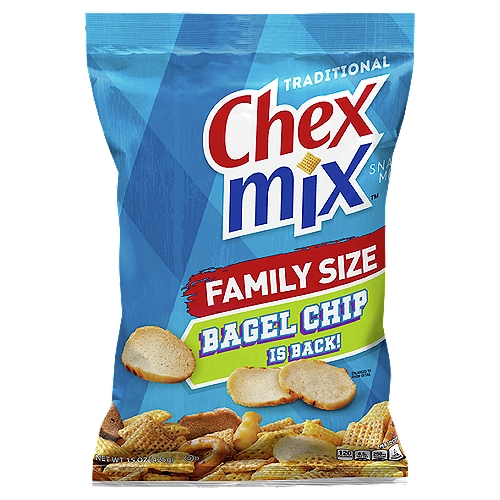 Chex Mix Savory Traditional Snack Mix Family Size, 15 oz
60% Less Fat than Regular Potato Chips*
*Chex Mix™ Traditional (3.5g Fat per 29g Serving) Has 60% Less Fat than Regular Potato Chips (10g Fat per 29g Serving).

Just the Right Mix!
Corn Chex™
Round Pretzel
Rye Chip
Wheat Chex™
Square Pretzel
Squiggle Breadstick