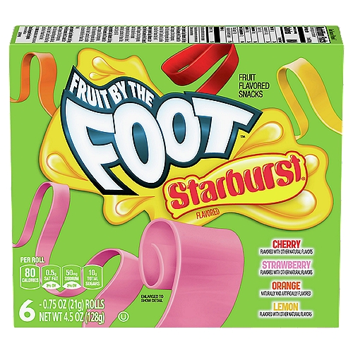 Fruit by the Foot Starburst Fruit Flavored Snacks, 0.75 oz, 6 count
Cherry Flavored with Other Natural Flavors
Strawberry Flavored with Other Natural Flavors
Orange Naturally and Artificially Flavored
Lemon Flavored with Other Natural Flavors