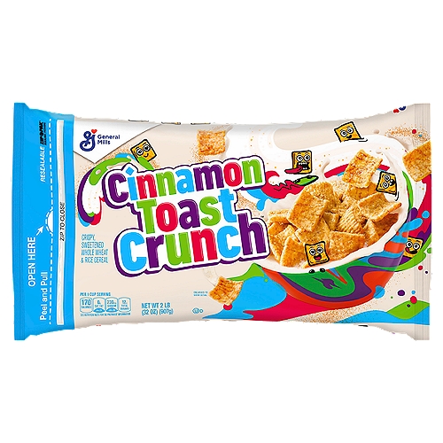 General Mills Cinnamon Toast Crunch Crispy, Sweetened Whole Wheat & Rice Cereal, 2 lb
Zip-Pak® Resealable Packaging

Stop! mmm... real cinnamon does it get any better?
Don't forget to drink your leftover milk- it's delicious!
You can't get enough of the great stuff!
Time to grab another bag before you miss your favorite breakfast!
Don't be sad, you can always get more