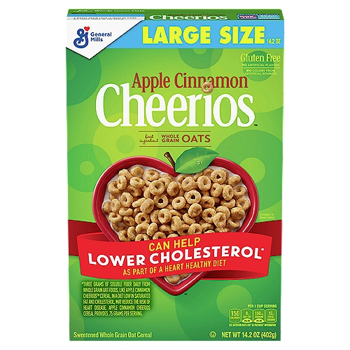General Mills Cheerios Apple Cinnamon Sweetened Whole Grain Oat Cereal Large Size, 14.2 oz
Can Help Lower Cholesterol* as Part of a Heart Healthy Diet
*Three Gram of Soluble Fiber Daily from Whole Grain Oat Foods, Like Apple Cinnamon Cheerios™ Cereal, in a Diet Low in Saturated Fat and Cholesterol, May Reduce the Risk of Heart Disease. Apple Cinnamon Cheerios Cereal Provides .75 Gram per Serving.

Your Bowl of Cinna-Yum!
Made with real cinnamon for that fresh-baked flavor.
When it comes to amazing combinations, it's hard to beat apple and cinnamon. Throw in some whole grain oats and you've got yourself a good-tasting and good-for-you way to enjoy the day.