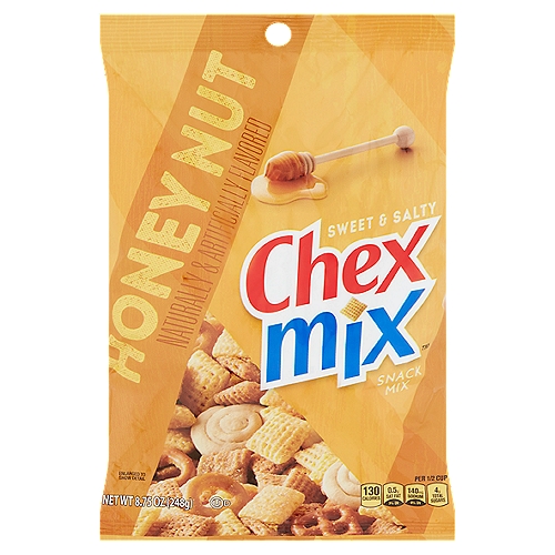 Chex Mix Honey Nut Snack Mix, 8.75 oz
60% Less Fat than Regular Potato Chips*
*Chex Mix™ Sweet 'n Salty Honey Nut (3.5g Fat per 30g Serving) Has 60% Less Fat than Regular Potato Chips (10g Fat per 30g Serving)

Just the Right Mix!
Corn Chex™, round pretzel, vanilla cookie, Wheat Chex™, square pretzel, vanilla breadstick
Mix It Up! May Have Settled Some on Its Way to You.