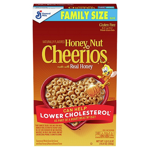 Sweetened Whole Grain Oat Cereal with Real Honey & Natural Almond Flavor  Can Help Lower Cholesterol* as Part of a Heart Healthy Diet *Three Gram of Soluble Fiber Daily from Whole Grain Oat Foods, Like Honey Nut Cheerios  Cereal, in a Diet Low in Saturated Fat and Cholesterol May Reduce the Risk of Heart Disease. Honey Nut Cheerios Cereal Provides .75 Gram per Serving.  A Buzz-worthy Choice! Real honey, a-maze-ing taste! Thanks to Buzz and his real honey goodness, you can get this day started right with deliciousness and nutritiousness. Now that's a good morning. Give yourself a high-five! Or maybe just another bowl.