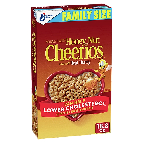 General Mills Cheerios Honey Nut Sweetened Whole Grain Oat Cereal Family Size, 1 lb 2.8 oz
Sweetened Whole Grain Oat Cereal with Real Honey & Natural Almond Flavor

Can Help Lower Cholesterol* as Part of a Heart Healthy Diet
*Three Gram of Soluble Fiber Daily from Whole Grain Oat Foods, Like Honey Nut Cheerios™ Cereal, in a Diet Low in Saturated Fat and Cholesterol, May Reduce the Risk of Heart Disease. Honey Nut Cheerios Cereal Provides .75 Gram per Serving.

A Buzz-worthy choice!
Real honey, a-maze-ing taste!
Thanks to Buzz and his real honey goodness, you can get this day started right with deliciousness and nutritiousness. Now that's a good morning.
Give yourself a high-five! Or maybe just another bowl.