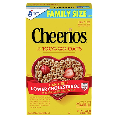 General Mills Cheerios Toasted Whole Grain Oat Cereal Family Size, 1 lb 2 oz
Can Help Lower Cholesterol* As Part of A Heart Healthy Diet

From Our Heart to Yours
100% whole grain oats your heart will thank you for.
These little Os are circular dynamos packed with soluble fiber that is linked with happy, healthy hearts* - thanks for that, whole grain oats! Or just think of them as a delicious start to your day. Either way, it's 100% oat-loving awesomeness.
*Three Gram of Soluble Fiber Daily from Whole Grain Oat Foods, Like Cheerios™ Cereal, in a Diet Low in Saturated Fat and Cholesterol, May Reduce the Risk of Heart Disease. Cheerios Provides 1 Gram per Serving.
